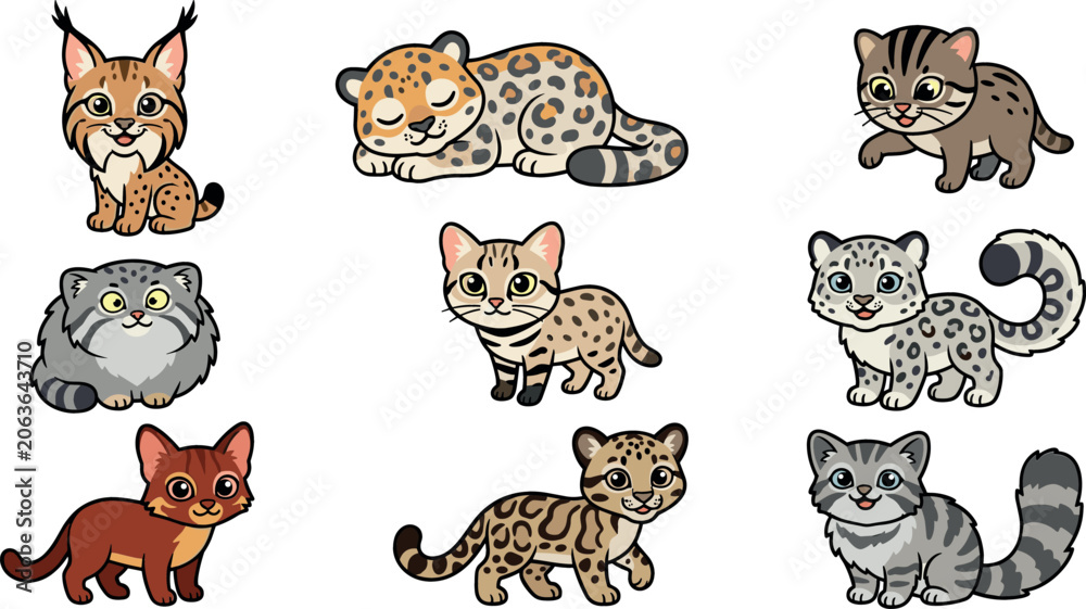 Fototapeta premium Cute wild cat cartoon vector set featuring adorable baby leopard lynx pallas cat snow leopard cub stickers isolated on white background for kids design (24 words)