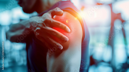 Man holding shoulder in pain with highlighted red inflammation area