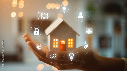Hand holding glowing house with smart home icons symbolizing digital real estate technology