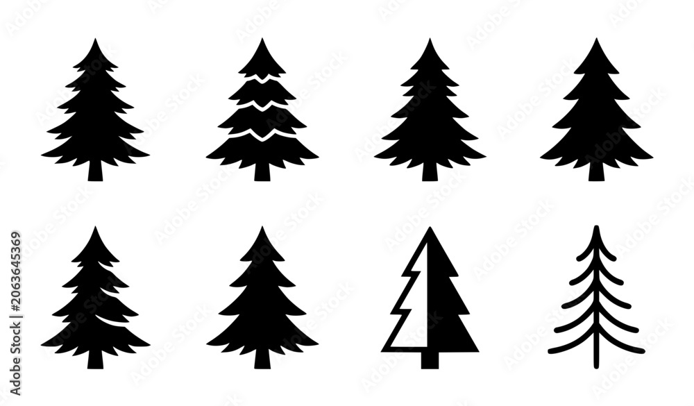 Fototapeta premium Pine tree silhouette vector icon set with rustic evergreen conifer fir and linear minimalist Christmas trees for forest design
