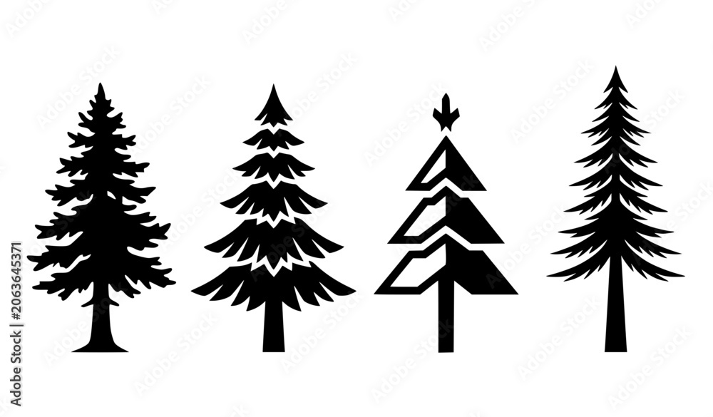 Obraz premium Pine tree silhouette vector icon set with rustic evergreen fir and minimalist conifer Christmas trees for forest nature design