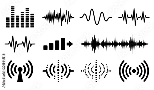 Cuadro en lienzo Audio sound wave icon set with digital equalizer bars radio broadcast signal tow