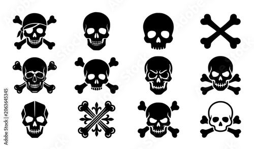 Bild auf Leinwand Pirate skull and crossbones black solid silhouette icon set with gothic danger w