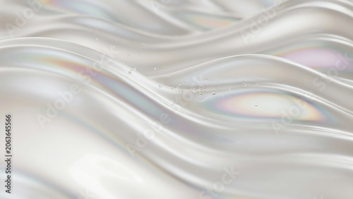 Closeup of shiny wavy surface with rainbow colors and water droplets on it