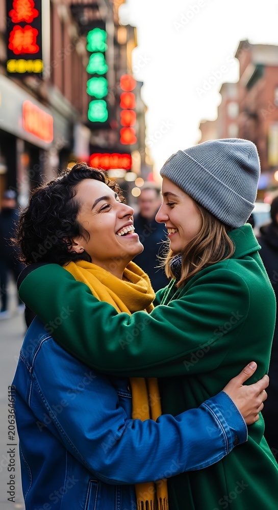 Obraz premium Two happy young women hugging in a city street.
