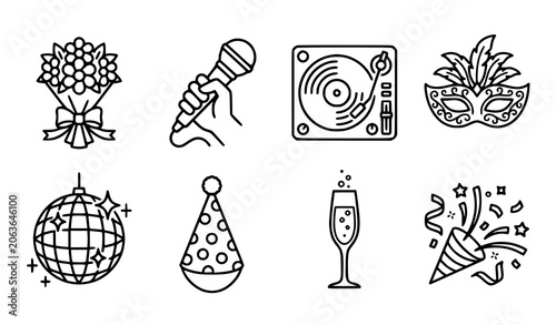 Φωτογραφία Party celebration and holiday event entertainment linear icon set with disco bal