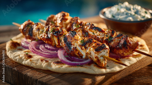 Grilled chicken skewers served on flatbread with red onion and a side of yogurt dip