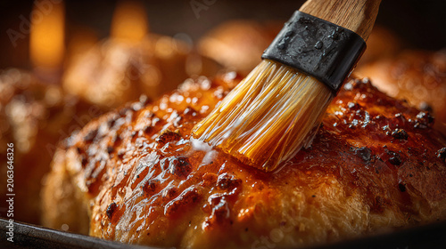 Close-up of a silicone brush applying a thick honey glaze to roasted chicken