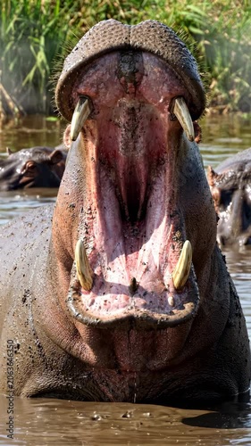 A hippopotamus with its mouth wide open.
