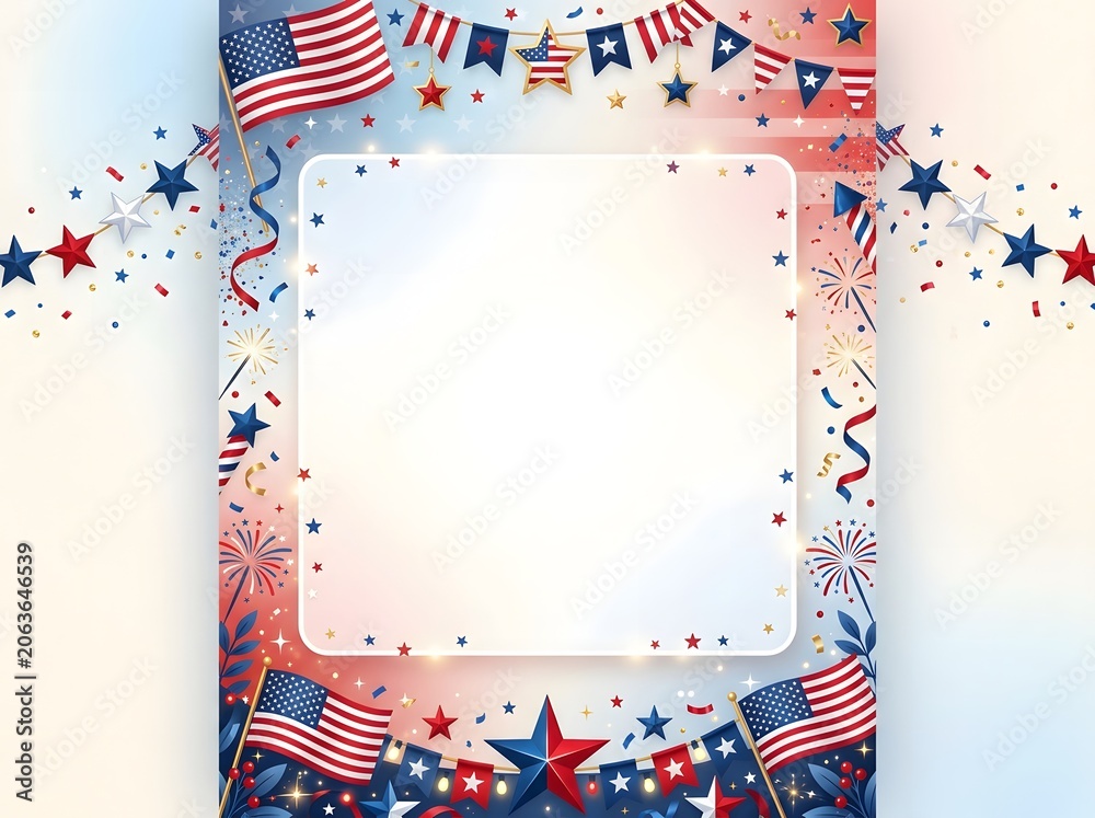 Obraz premium Vibrant 4th of july frame with american flags and stars on gradient background