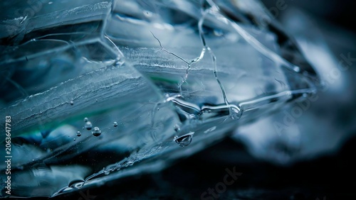 Closeup of shattered glass with water droplets on surface in dark background
