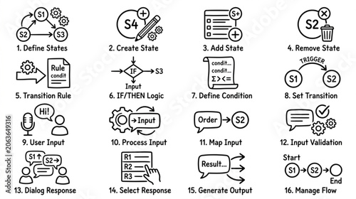 A detailed illustration of a flowchart with various states and transitions for process management.