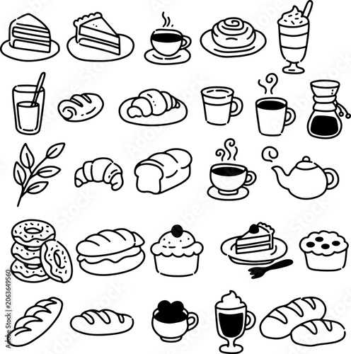 Cafe and bakery hand drawn black line art set with coffee, tea, bread, cakes, croissants, and desserts