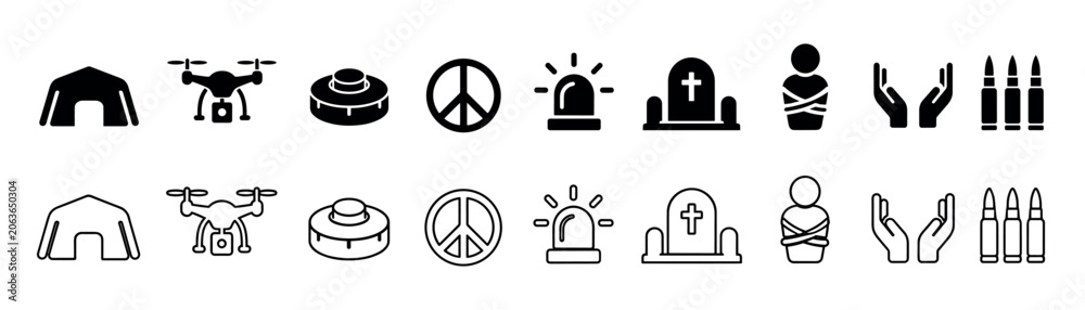 Obraz premium Collection of icons representing conflict, peace, and humanitarian aid concepts