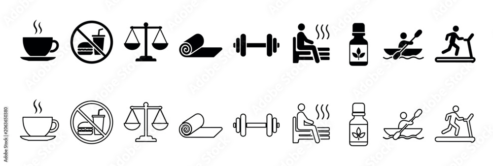 Naklejka premium Healthy lifestyle icons representing fitness, diet, and wellness activities