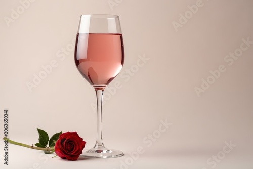 A single long-stemmed red rose with a white wine glass beside it, floral arrangement, wine glass, bouquet