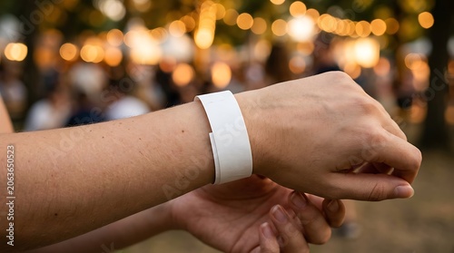 White blank event wristband on person wrist at outdoor festival