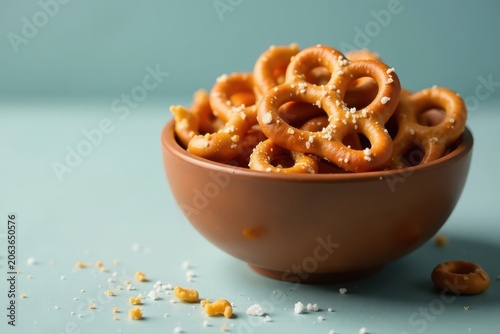 Crunchy pretzel bowl filled with salty pretzels and a few stray crumbs , pretzels, munching, salt