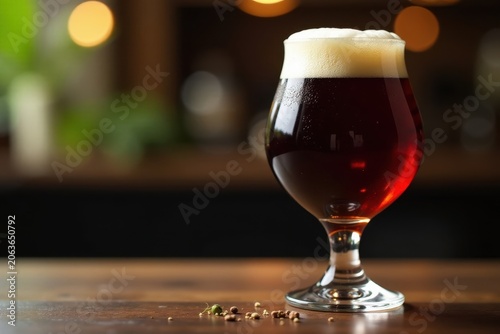 Dark ale poured into a tulip glass with a thick head and hoppy aroma , beer, foam, ale