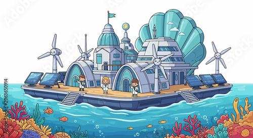 Futuristic eco-friendly city on the ocean with renewable energy sources.