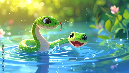 Two green cartoon snakes in water.