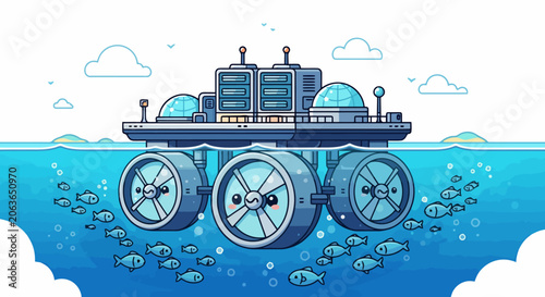 Futuristic underwater vehicle with large wheels and cabins.