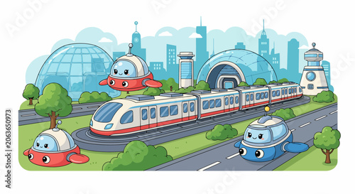 Futuristic transportation system with cartoon vehicles and modern city.