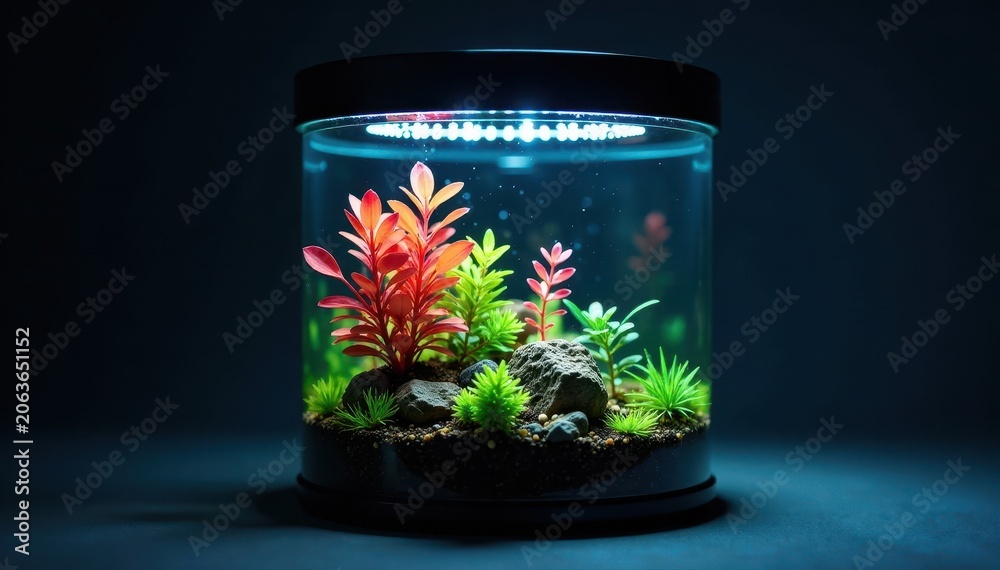 Obraz premium Dark glass container with algae cultures and LED lights, biofuel production, algae fuel extraction, photobioreactor