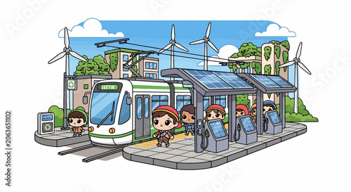 Green energy transportation system with people and modern city elements.