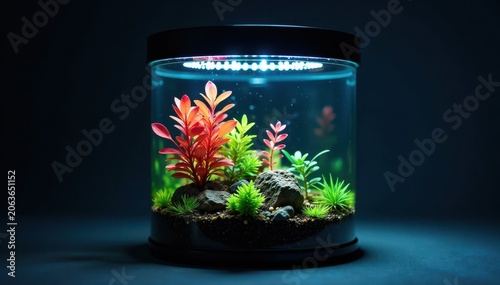 Dark glass container with algae cultures and LED lights, biofuel production, algae fuel extraction, photobioreactor
