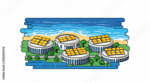 Modern Buildings with Solar Panels on Rooftops by the Ocean.