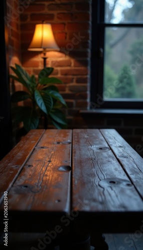 Dark wooden table with soft glow in dimly lit space, abstract, soft light, wood