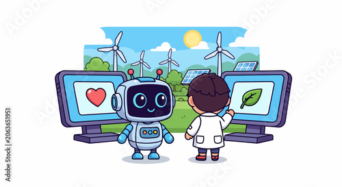 Robot and scientist collaborate on green energy technology innovation.