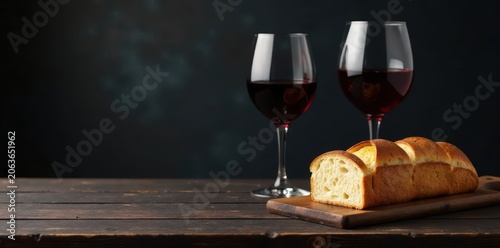 Dark wooden table with wine glass and bread loaf on black surface, still life, black background, symbols