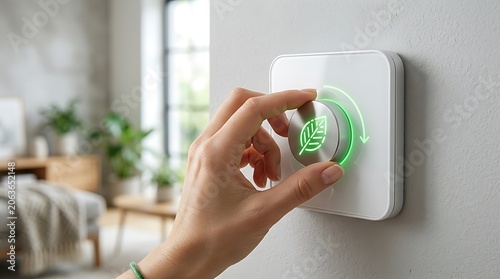 Hand adjusting smart thermostat with green leaf eco icon