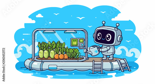 Robot watering plants in a futuristic greenhouse on water.