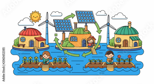 Sustainable Eco Village with Renewable Energy Sources and Happy People.