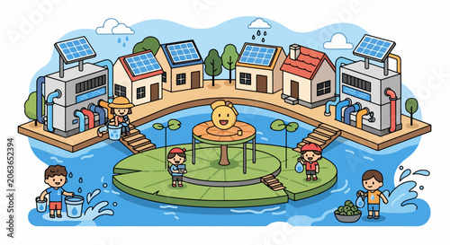 Sustainable eco-friendly village with solar power and water management.