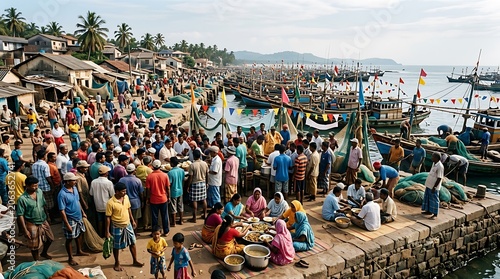 Busy Fishing Harbor and Vibrant Community Market in South Asia