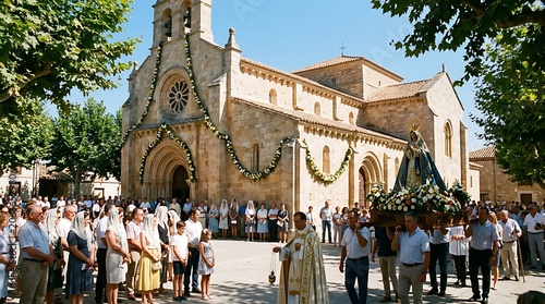 Traditional Catholic Procession with Virgin Mary Statue in Spain