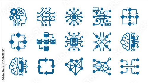 Artificial Intelligence and Machine Learning Data Network Icons Set