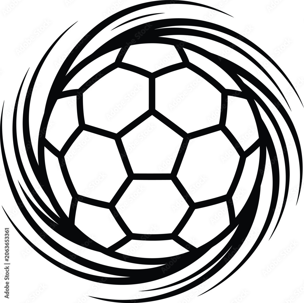 Naklejka premium Minimalist soccer ball icon featuring a dynamic swirling motion effect for sports branding and graphic design projects