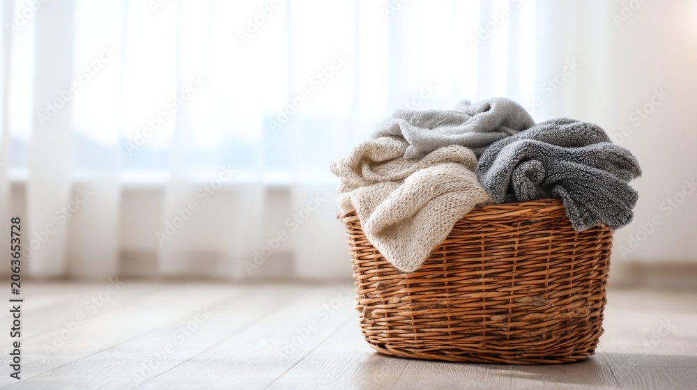 Obraz premium Cozy Basket of Soft Knitted Fabrics in a Bright Room with Natural Light Filtering Through Sheer White Curtains