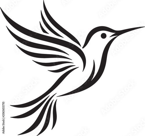 Flying hummingbird minimalist black and white silhouette graphic with silhouette