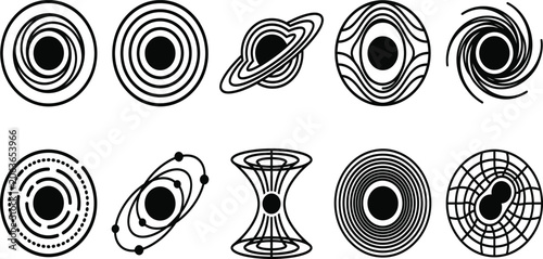 Foto Minimalist Black Hole and Wormhole Vector Icon Set: Explore Cosmic Phenomena, Gr