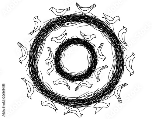 Abstract bird nest mandala pattern with line art birds sitting around circular nests, minimalist black and white vector illustration isolated on white background.