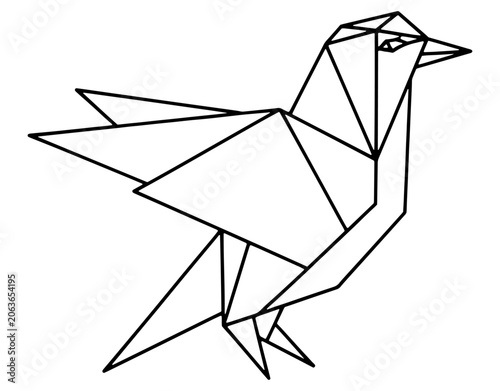 Geometric origami bird vector illustration, minimalist low poly line art bird icon, polygonal animal shape outline isolated on a white background.