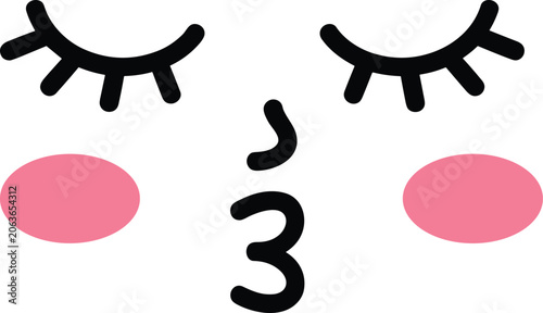 Tableau sur toile Cute kawaii face vector with closed blinking eyelashes rosy pink cheeks and blow