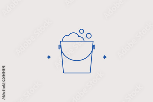 Foto Metallic bucket filled with soapy water foam line icon for car wash service, domestic housekeeping blog