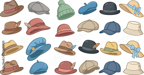Quadro su tela Vintage and modern headwear collection featuring colorful classic hats fedoras b